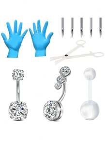 Acefun 11pcs Belly Button Ring Piercing Kit,Belly Button Piercing Kit Stainless Steel 14G Belly Button Rings Piercing Needles Disposable Piercing Clamps Set Navel Belly - Silver - View 6