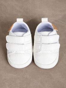 1pair Boys' Plain Soft Pu Leather Anti-Slip Sneakers With Cloth Bottom & Magic Paste Design For 0-3 Months Infant, Suitable For Spring And Autumn - White - View 3