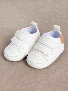 1pair Boys' Plain Soft Pu Leather Anti-Slip Sneakers With Cloth Bottom & Magic Paste Design For 0-3 Months Infant, Suitable For Spring And Autumn - White - View 5