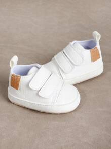 1pair Boys' Plain Soft Pu Leather Anti-Slip Sneakers With Cloth Bottom & Magic Paste Design For 0-3 Months Infant, Suitable For Spring And Autumn - White - View 2