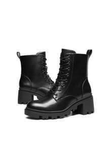 Women's Lug Sole Combat Ankle Bootie Lace Up Low Chunky Block Heels Side Zipper Boots Fashion Shoes - 黑色 - 查看 6