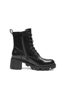 Women's Lug Sole Combat Ankle Bootie Lace Up Low Chunky Block Heels Side Zipper Boots Fashion Shoes - 黑色 - 查看 3