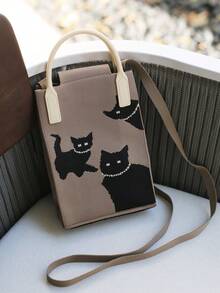 1入組，情人節禮物，女性棕色針織迷你肩袋，印有黑貓圖案，可用於手機、錢包、鑰匙等多用途背包，適合旅行、上下班和外出使用。 - 棕色 - 查看 2