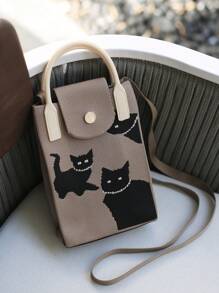 1入組，情人節禮物，女性棕色針織迷你肩袋，印有黑貓圖案，可用於手機、錢包、鑰匙等多用途背包，適合旅行、上下班和外出使用。 - 棕色 - 查看 1