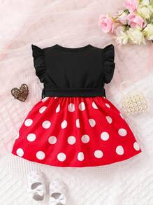 Cute Baby Girl Summer Polka Dots Printed Dress With Short Flutter Sleeves In Red And Black