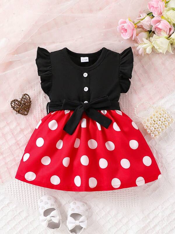 Cute Baby Girl Summer Polka Dots Printed Dress With Short Flutter Sleeves In Red And Black