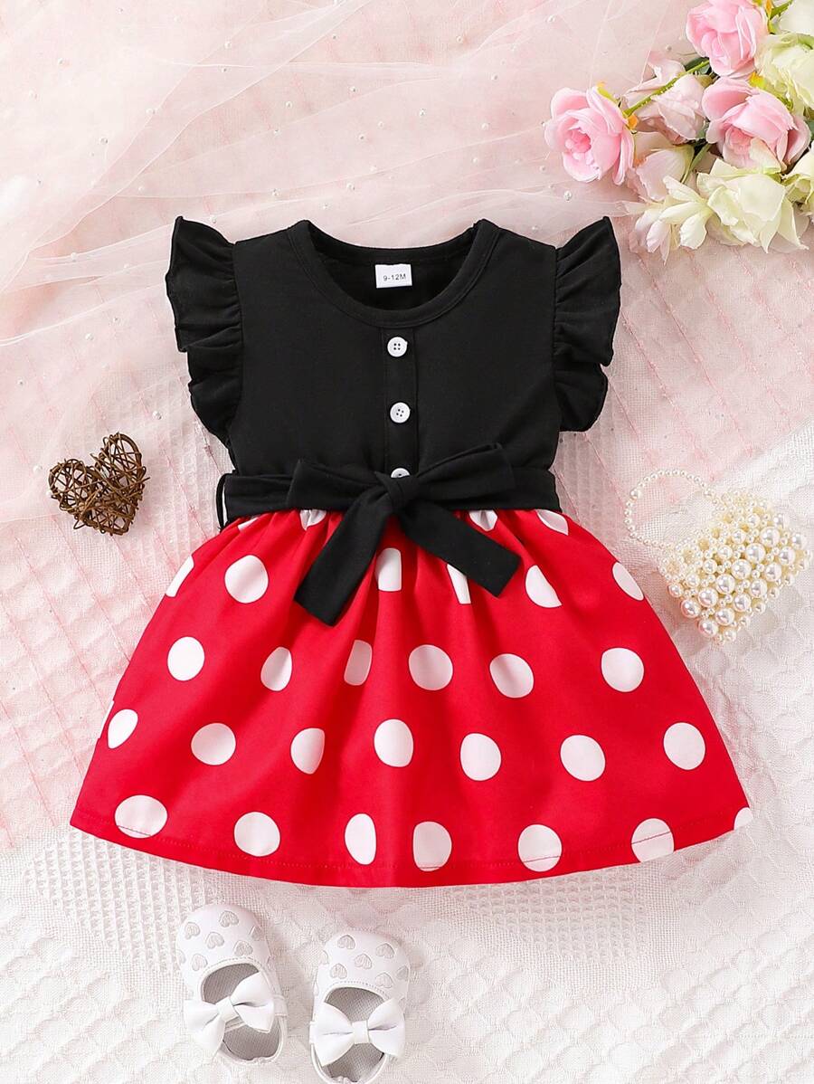 Cute Baby Girl Summer Polka Dots Printed Dress With Short Flutter Sleeves In Red And Black