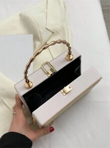 Pu Lychee Textured Metal Bamboo Design Handbag Decorated With Gold-Tone Side Border & Hot-Stamped Letter, Structured Box Bag For Ladies With Chain Strap - Suitable As A Gift - White - View 9