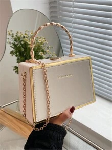 Pu Lychee Textured Metal Bamboo Design Handbag Decorated With Gold-Tone Side Border & Hot-Stamped Letter, Structured Box Bag For Ladies With Chain Strap - Suitable As A Gift - White - View 2