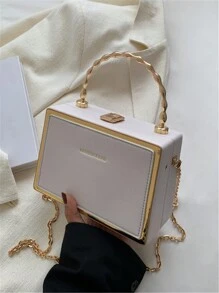 Pu Lychee Textured Metal Bamboo Design Handbag Decorated With Gold-Tone Side Border & Hot-Stamped Letter, Structured Box Bag For Ladies With Chain Strap - Suitable As A Gift - White - View 7
