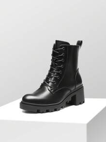 Women's Lug Sole Combat Ankle Bootie Lace Up Low Chunky Block Heels Side Zipper Boots Fashion Shoes - 黑色 - 查看 2