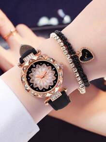 3pcs/Set Fashionable Minimalist Versatile Women's Quartz Watch With Round Dial, Casual Wear, Comes With Rhinestone Heart-Shaped Bracelet Set, Suitable For Vacation And Daily Wear