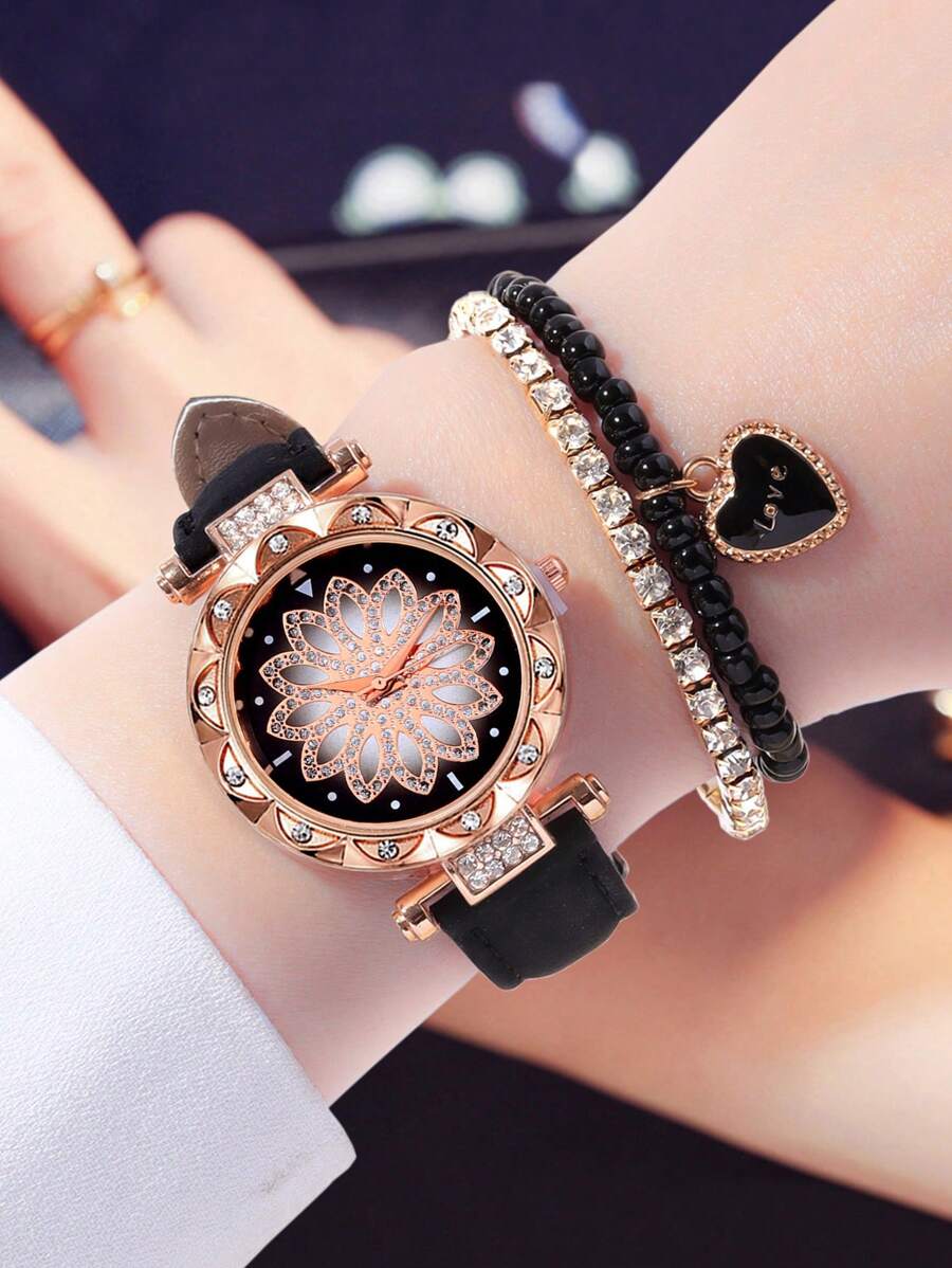 3pcs/Set Fashionable Minimalist Versatile Women's Quartz Watch With Round Dial, Casual Wear, Comes With Rhinestone Heart-Shaped Bracelet Set, Suitable For Vacation And Daily Wear