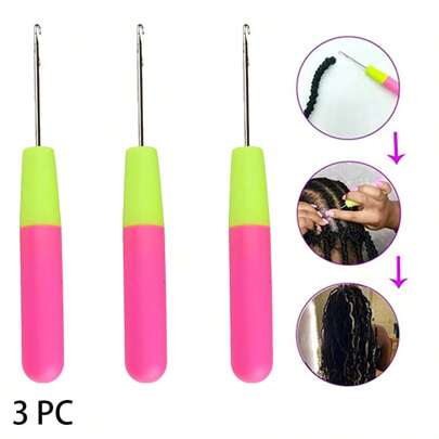 3 件装双色塑料手柄钩针，适用于编织微型辫子、接发、羽毛和辫子珠