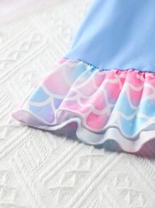 Young Girl Cartoon Mermaid Pattern Fish Scale Shoulder Insertion Air Conditioner Outfit Sleep Dress For Spring/Summer