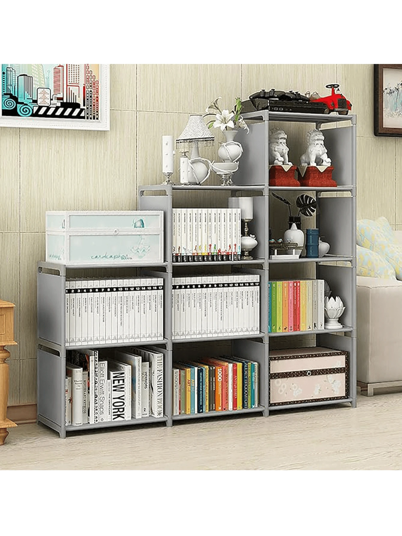 Estante de almacenamiento de 9 cubos, estantería de 4 niveles, estantería para niños, estante de almacenamiento para armario, adecuado para sala de estar, dormitorio, oficina - Plateado - Ver 1
