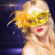 Antifaz De Flores Batucadas Fiesta Máscara Carnaval 2pcs - oro+rojo - Ver 3