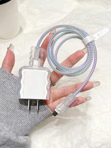 Set de 5 piezas de protectores transparentes con diseño de ondas marinas - 1,5m dispositivo enrollador, fijador de cable, cable de datos anti-rotura, cubierta protectora del cabezal de carga TPU, compatible con cable de carga rápida de 20 w de las series Apple 12/13/14, protector de cable y protector de cargador