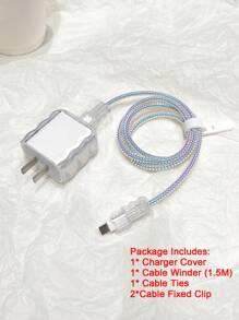 Set de 5 piezas de protectores transparentes con diseño de ondas marinas - 1,5m dispositivo enrollador, fijador de cable, cable de datos anti-rotura, cubierta protectora del cabezal de carga TPU, compatible con cable de carga rápida de 20 w de las series Apple 12/13/14, protector de cable y protector de cargador