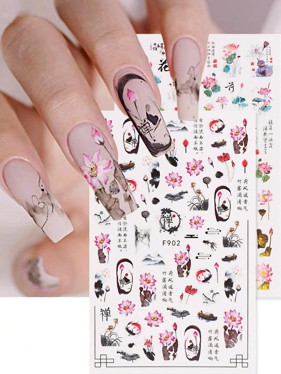 2片風古董美甲貼紙,自粘蓮花和中文字美甲貼紙,蓮花風景設計美甲貼紙裝飾貼紙,美甲用品 - 彩色 - 查看 1