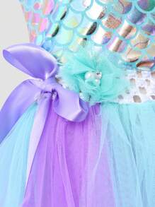 小女孩网眼面料拼接挂脖连衣裙，包含所有配饰 - 彩色 - 查看 8