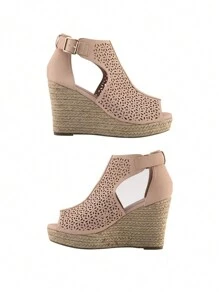 Sandalias de cuña con tacón corrido alto con diseño de flores en tipo piel para mujer. Zapatillas abierta con tacón corrido para uso diario en verano o primavera. Sandalias de cuña con diseño moderno y versátil para toda ocasión. - Beis - Ver 5