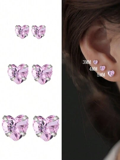 1 Set Of 925 Sterling Silver 3MM+4MM+5MM 3 Pairs Heart Stud Earrings, Fashionable & Minimalist Style, Ideal Gift For Valentine's Day, Dates, Versatile For Girls