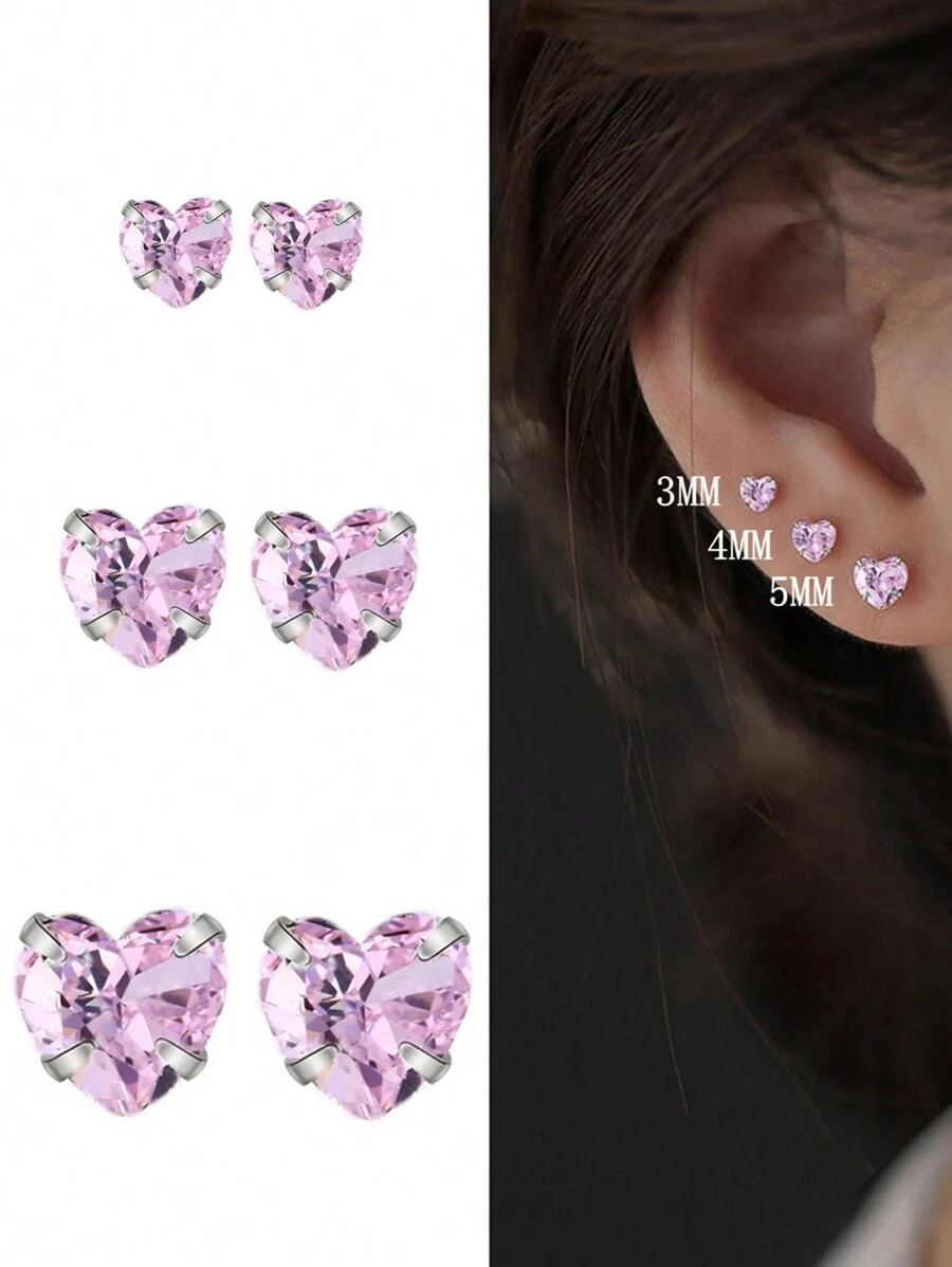 1 Set Of 925 Sterling Silver 3MM+4MM+5MM 3 Pairs Heart Stud Earrings, Fashionable & Minimalist Style, Ideal Gift For Valentine's Day, Dates, Versatile For Girls