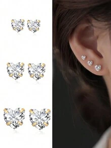 1 Set Of 925 Sterling Silver 3MM+4MM+5MM 3 Pairs Heart Stud Earrings, Fashionable & Minimalist Style, Ideal Gift For Valentine's Day, Dates, Versatile For Girls