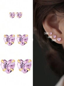 1 Set Of 925 Sterling Silver 3MM+4MM+5MM 3 Pairs Heart Stud Earrings, Fashionable & Minimalist Style, Ideal Gift For Valentine's Day, Dates, Versatile For Girls