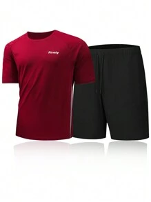 Boyfriend Style Men's Summer Sports Suit Running Fitness T-Shirt And Shorts Round Neck Wide-Legged Casual Motionwear, Athletic Suit, Tracksuit Boyfriend Style Men Shorts Set Boyfriend Style Men Shorts Set - Red - View 1