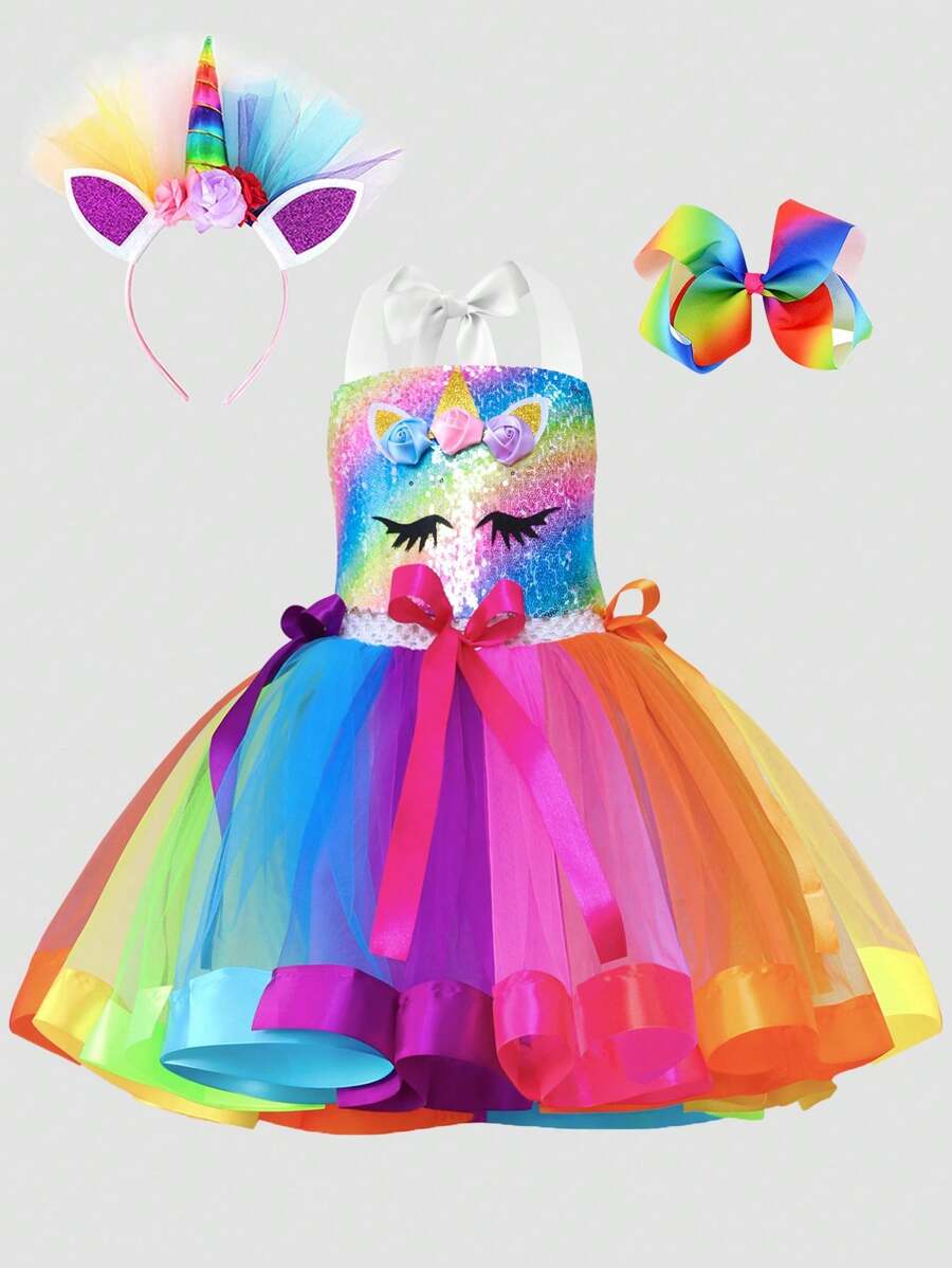Young Girl Rainbow Unicorn Patchwork Sparkly Dress Costume With Headband And Hair Clips