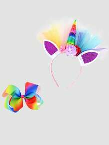 Young Girl Rainbow Unicorn Patchwork Sparkly Dress Costume With Headband And Hair Clips