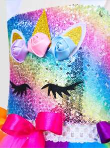 Young Girl Rainbow Unicorn Patchwork Sparkly Dress Costume With Headband And Hair Clips