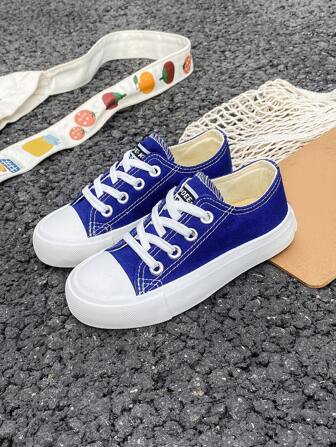 Mid-Top Canvas Kids Sneakers, Spring/Autumn, Korean Style, Simple Design, Fashionable, Low-Top, Leisure, With Laces, Athletic Shoes, Classic Low-Top Canvas Shoes, Versatile, Casual, Sports, Skateboarding Shoes For Children