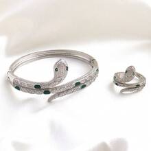 2入組/套銅和鋯石鑲嵌時尚蛇形扣開口手鍊和開口戒指禮物組合,適用於女性