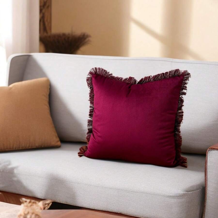 1入現代風格聚酯纖維方形枕套,適用於沙發裝飾,床上帶流蘇的枕套,客廳家居裝飾 - 酒紅色 - 查看 1