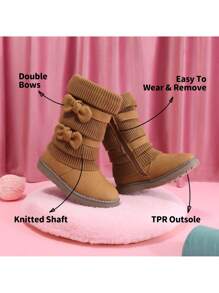 Girl's Mid Calf Snow Boots With Bow, Lined Warm & Comfortable Winter Boots - 駝色 - 查看 7