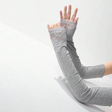 1pair Ladies' Lace Contrast High Elasticity Soft Arm Sleeves With Uv Protection And Cooling Function, Perfect For Sunblock, Cycling, Driving, Golf, Running Halloween Valentine's Day Valentines