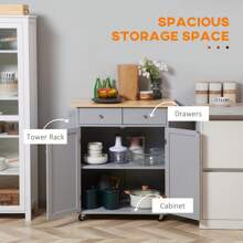 HOMCOM Rolling Kitchen Island On Wheels, Utility Serving Cart With Rubber Wood Top, Towel Rack, Hooks And Storage Drawers, Grey - Grey - View 4