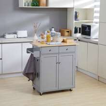 HOMCOM Rolling Kitchen Island On Wheels, Utility Serving Cart With Rubber Wood Top, Towel Rack, Hooks And Storage Drawers, Grey - Grey - View 3