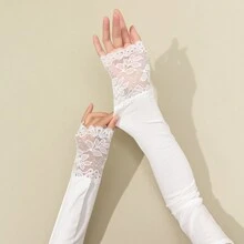 1pair Ladies' Lace Contrast High Elasticity Soft Arm Sleeves With Uv Protection And Cooling Function, Perfect For Sunblock, Cycling, Driving, Golf, Running Halloween Valentine's Day Valentines
