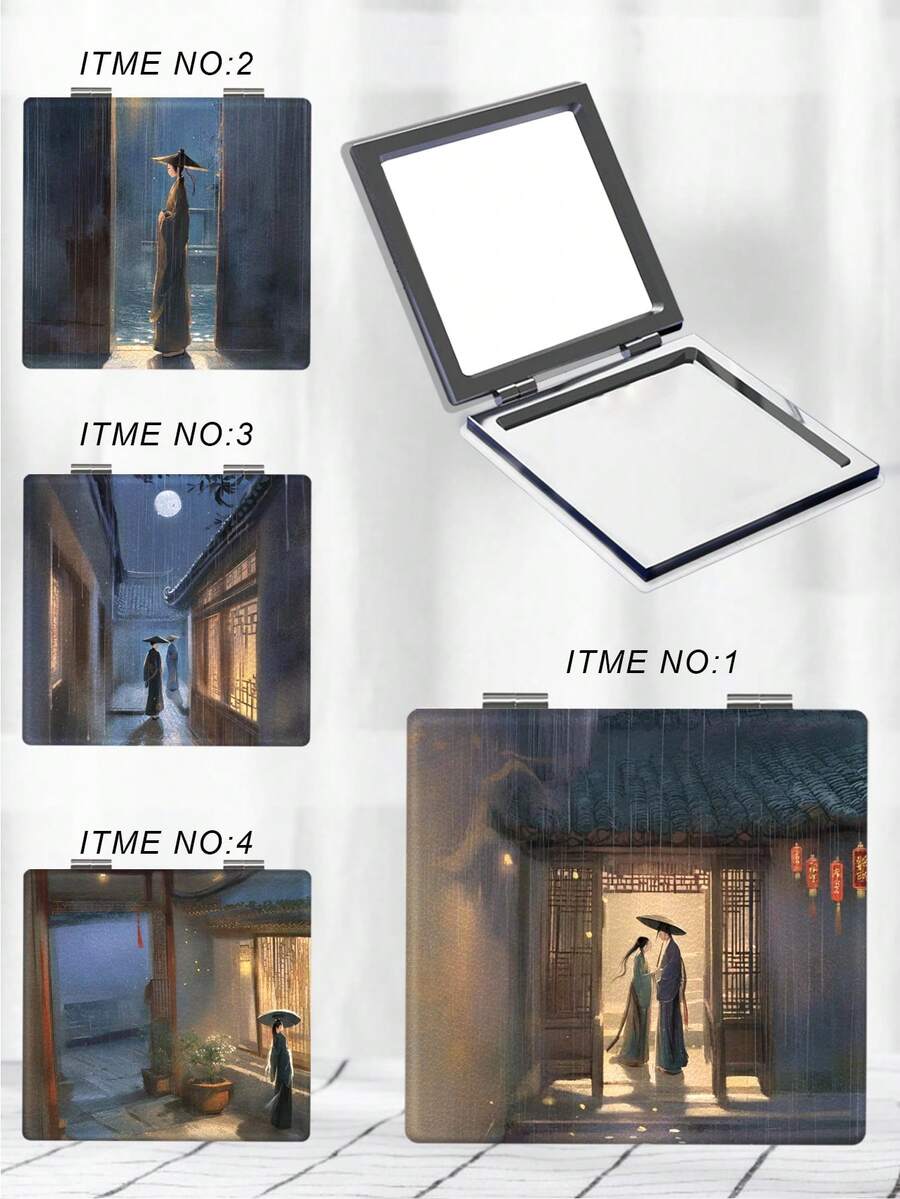 1入組便攜式180°旋轉可折疊正方形化妝鏡,復古風格 - 彩色 - 查看 1