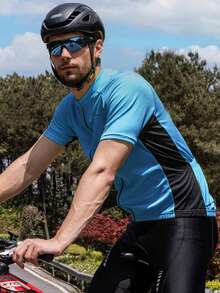 1件男士短袖拉鍊上路騎行運動衫,透氣布料,背袋和多功能攜帶袋,適用於戶外運動,春夏季 - 藍色 - 查看 6