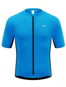 1件男士短袖拉鍊上路騎行運動衫,透氣布料,背袋和多功能攜帶袋,適用於戶外運動,春夏季 - 藍色 - 查看 3