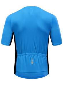 1件男士短袖拉鍊上路騎行運動衫,透氣布料,背袋和多功能攜帶袋,適用於戶外運動,春夏季 - 藍色 - 查看 4