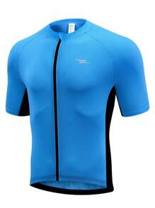 1件男士短袖拉鍊上路騎行運動衫,透氣布料,背袋和多功能攜帶袋,適用於戶外運動,春夏季 - 藍色 - 查看 2