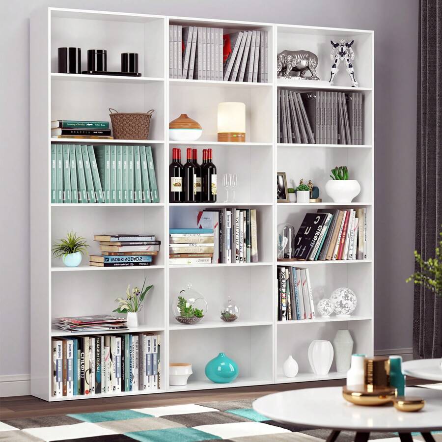 Furchen Book Shelf 6 Tiers, Bookcase, Tall Bookcase, Living Room Bookcases, Wooden Storage Unit, For Office, Living Room, Study, White, Black, Oak, 60x23.5x180cm