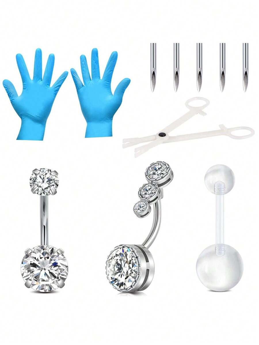 Acefun 11pcs Belly Button Ring Piercing Kit,Belly Button Piercing Kit Stainless Steel 14G Belly Button Rings Piercing Needles Disposable Piercing Clamps Set Navel Belly - Silver - View 1