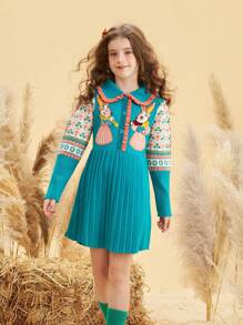 Girls Cartoon Pattern Pleated Hem Jumper Dress - Blue - View 1